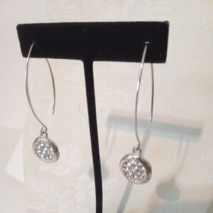 Fashion Earrings 2.5" Dangle Silver Tone Round Disk With Crystals/Rhinestones